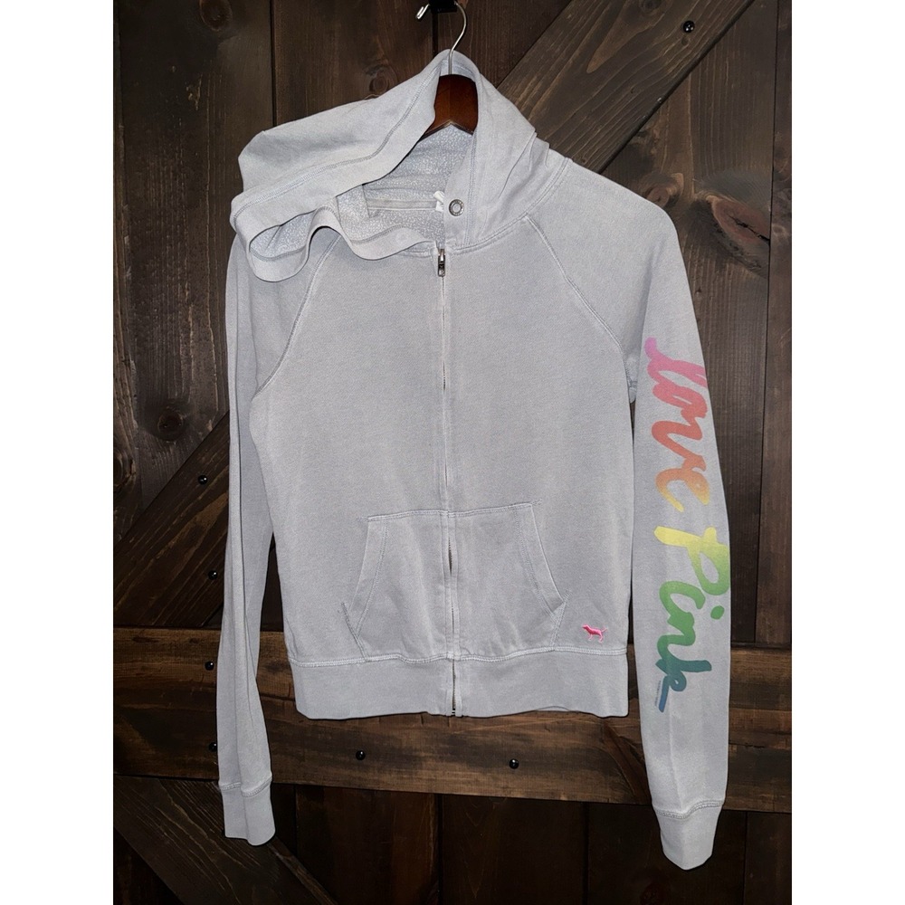 Victoria's Secret Y2K VTG XS PINK Rare Rainbow Love Gray Zip Hoodie Jacket 2012